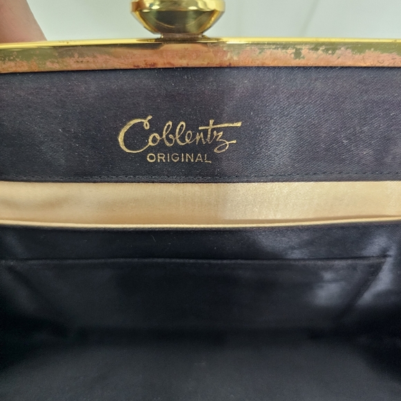 Vintage Coblentz Black Satin Convertible Clutch Evening Bag Gold Chain Hinge - Picture 9 of 9
